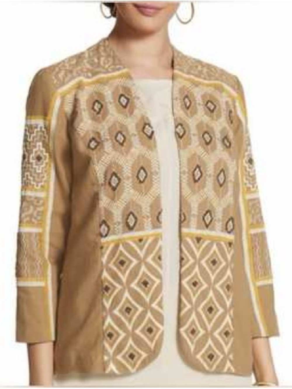 Chico’s Embroidered Linen Blend Open Front Jacket Size 2 (US L/XL) Boho Artisan